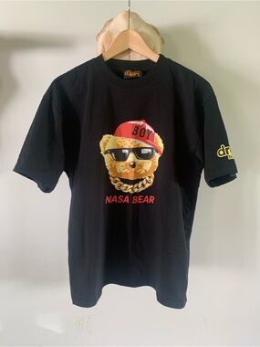drew house Black Tee with Yellow Logo Tag
